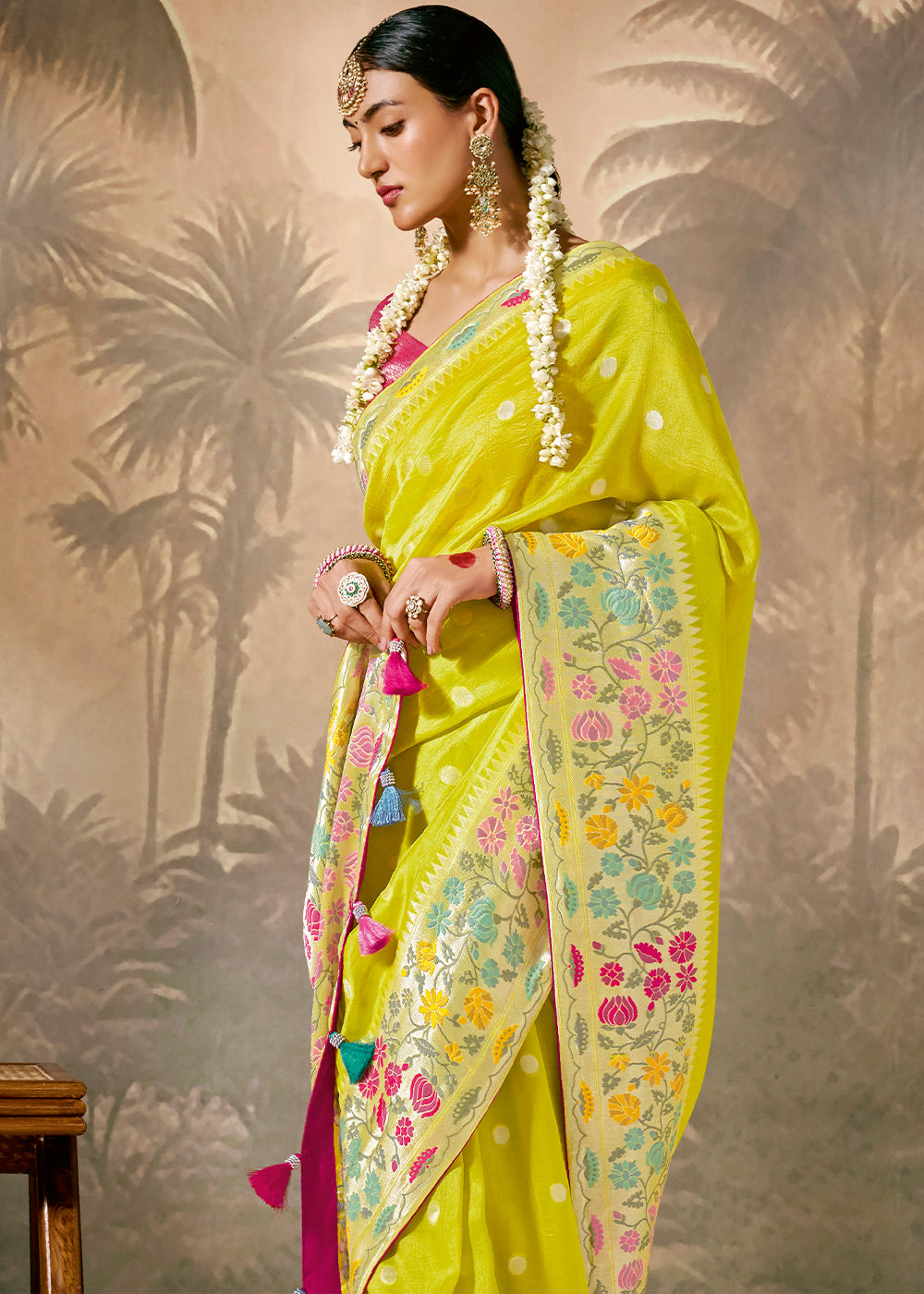 Vibrant Yellow Munga Silk Saree with Intricate Floral Motifs