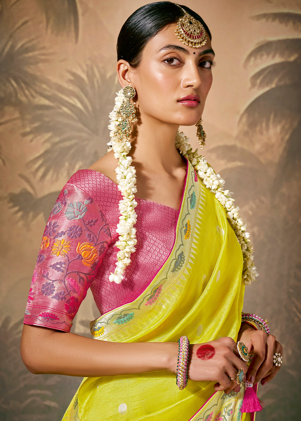 Vibrant Yellow Munga Silk Saree with Intricate Floral Motifs