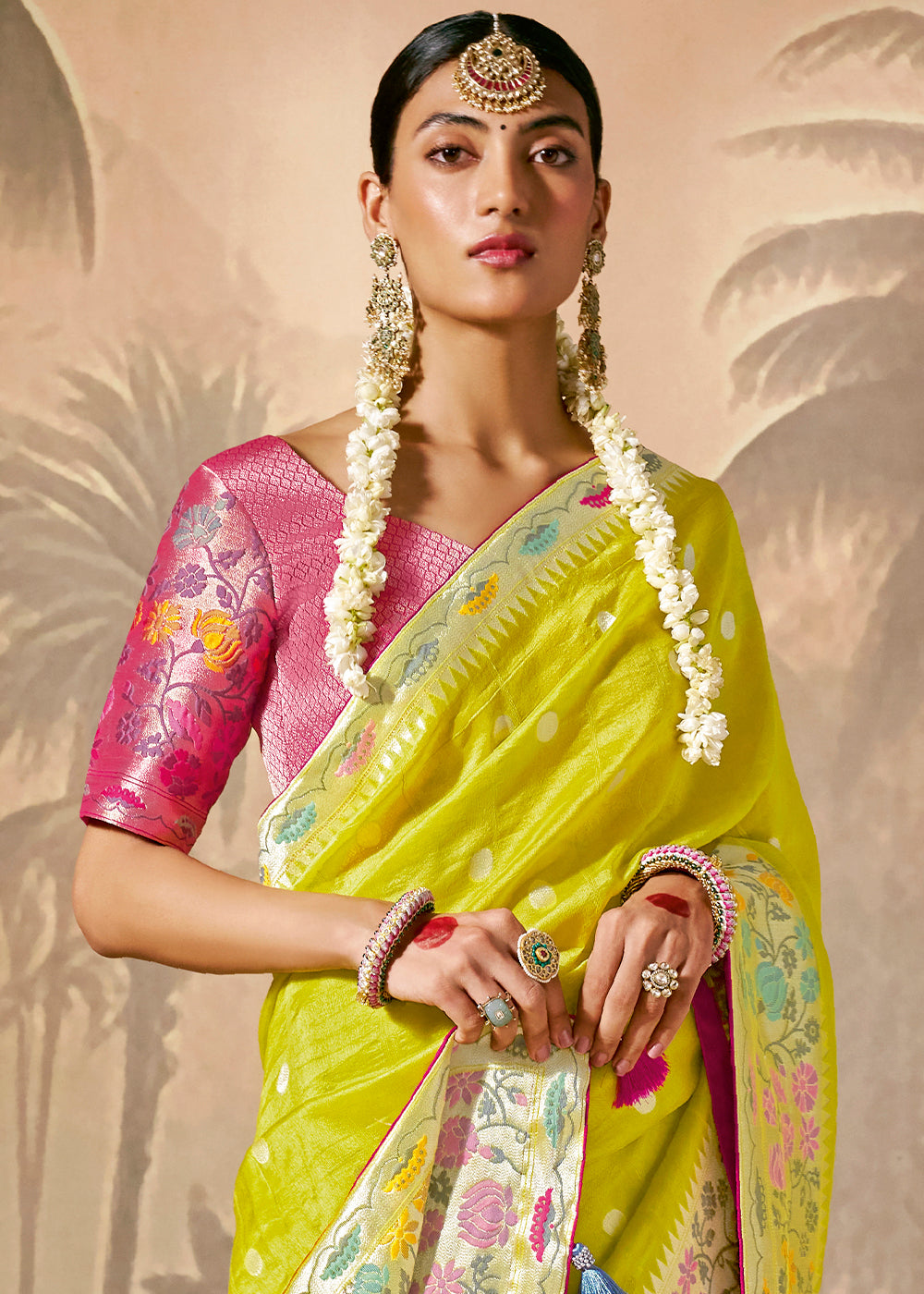 Vibrant Yellow Munga Silk Saree with Intricate Floral Motifs