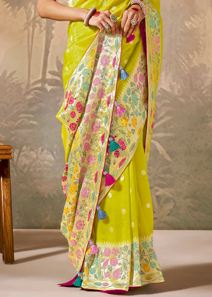 Vibrant Yellow Munga Silk Saree with Intricate Floral Motifs