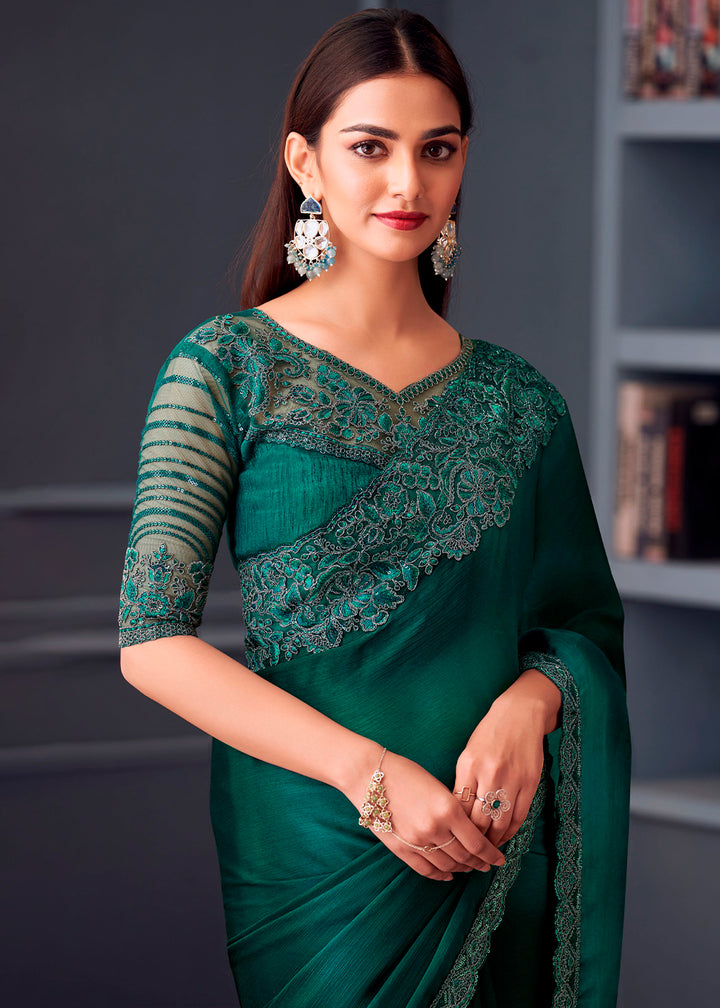 Shades Of Green Satin Chiffon Saree with Rich Thread Embroidery & Embellishments