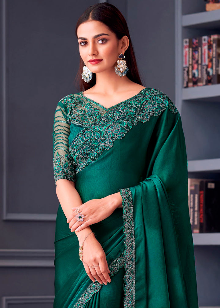 Shades Of Green Satin Chiffon Saree with Rich Thread Embroidery & Embellishments