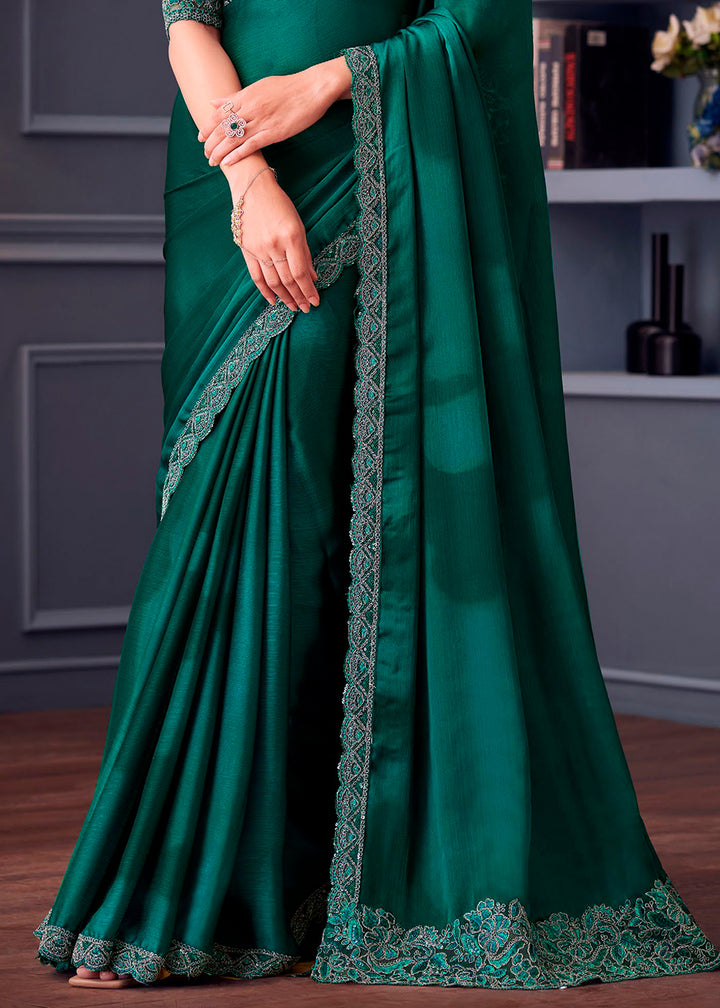 Shades Of Green Satin Chiffon Saree with Rich Thread Embroidery & Embellishments