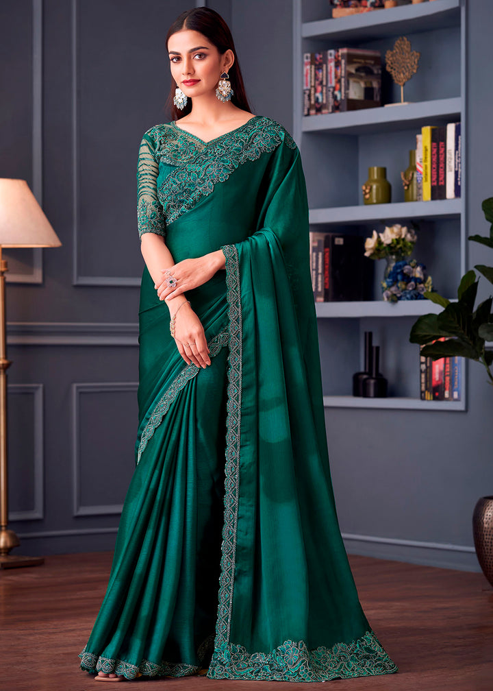 Shades Of Green Satin Chiffon Saree with Rich Thread Embroidery & Embellishments