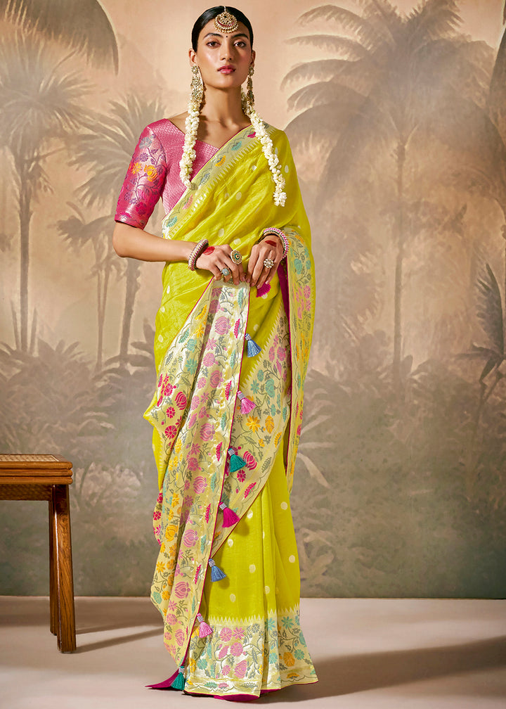 Vibrant Yellow Munga Silk Saree with Intricate Floral Motifs