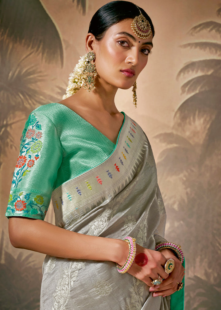 Grey Munga Silk Saree with Intricate Zari Work & Floral Designs Motifs