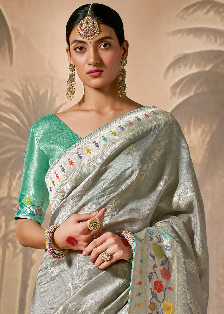 Grey Munga Silk Saree with Intricate Zari Work & Floral Designs Motifs