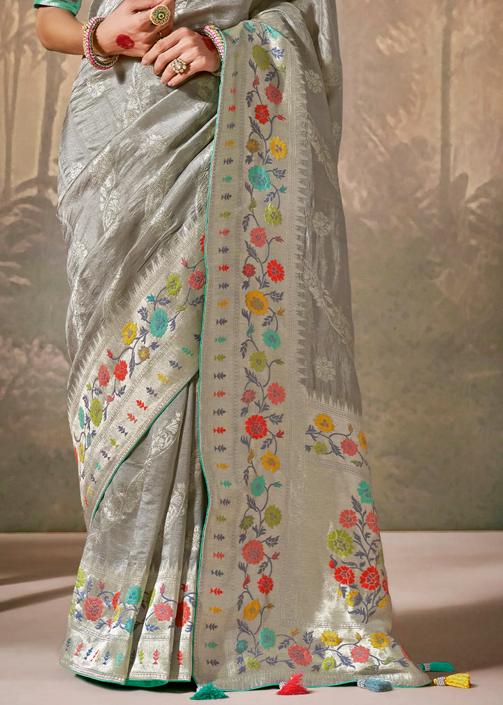 Grey Munga Silk Saree with Intricate Zari Work & Floral Designs Motifs