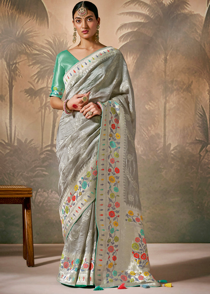 Grey Munga Silk Saree with Intricate Zari Work & Floral Designs Motifs