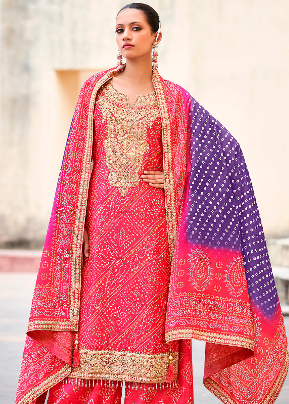 Ultra Pink Chinon Silk Outfit Featuring Mirror and Full Embroidery