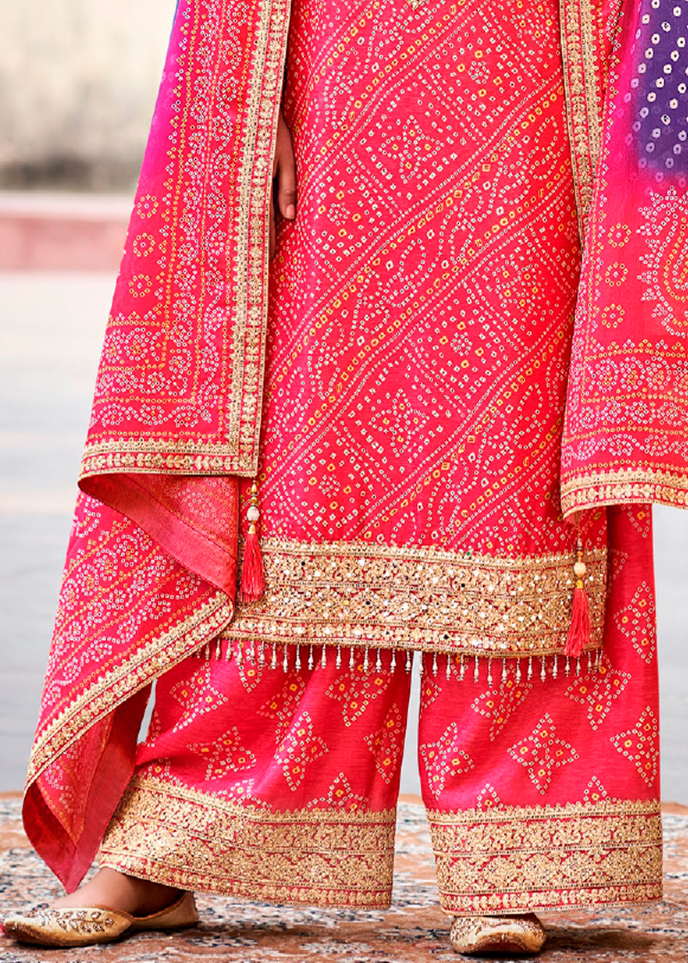 Ultra Pink Chinon Silk Outfit Featuring Mirror and Full Embroidery