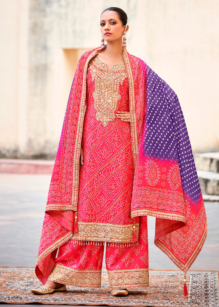 Ultra Pink Chinon Silk Outfit Featuring Mirror and Full Embroidery