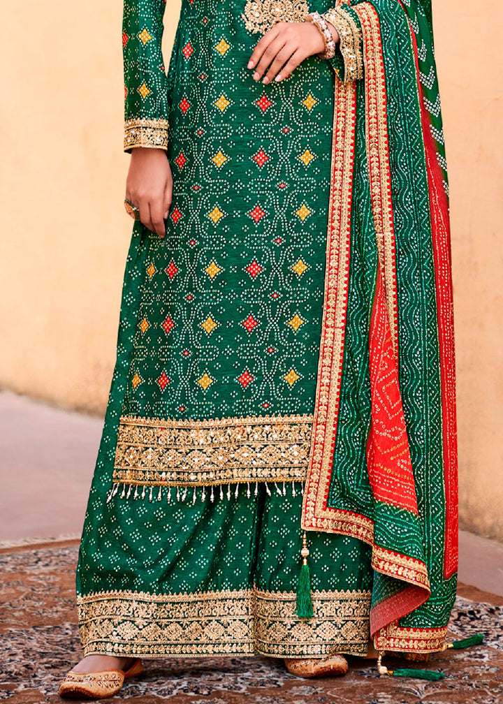 Dark Green Chinon Silk Outfit Featuring Mirror and Full Embroidery