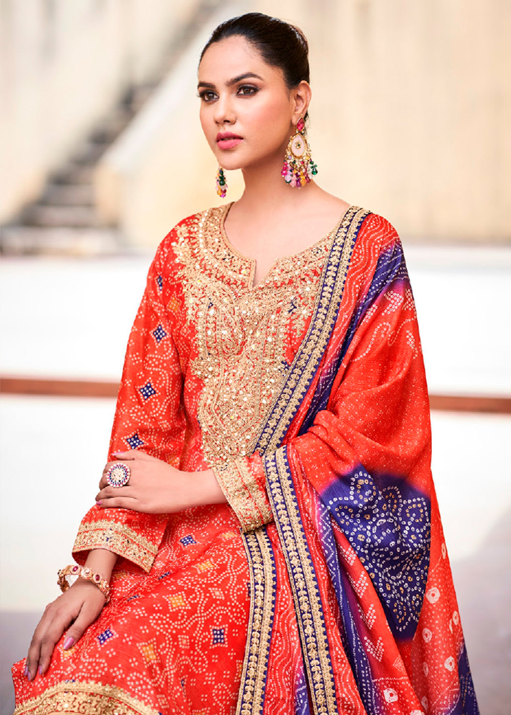 Persian Red Chinon Silk Outfit Featuring Mirror and Full Embroidery