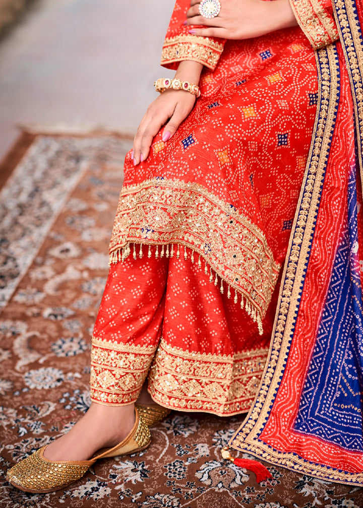 Persian Red Chinon Silk Outfit Featuring Mirror and Full Embroidery