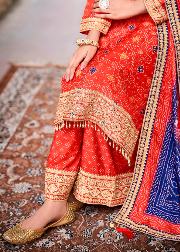 Persian Red Chinon Silk Outfit Featuring Mirror and Full Embroidery