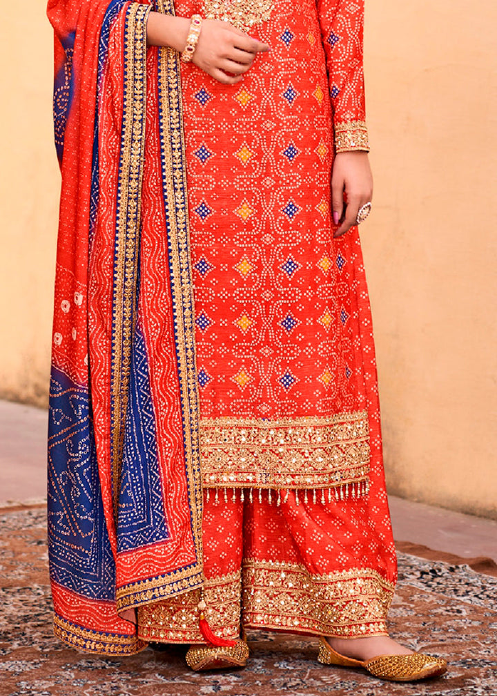 Persian Red Chinon Silk Outfit Featuring Mirror and Full Embroidery