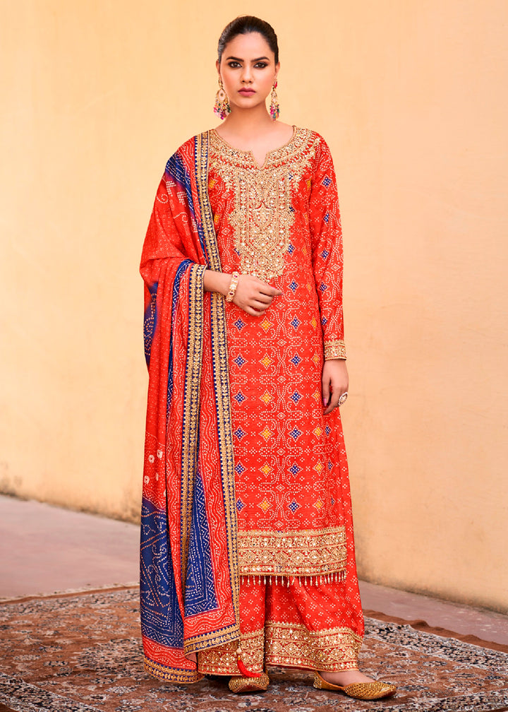 Persian Red Chinon Silk Outfit Featuring Mirror and Full Embroidery