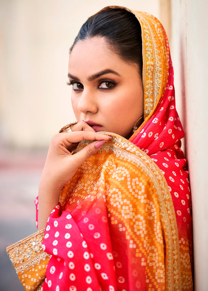 Mustard Yellow Chinon Silk Outfit Featuring Mirror and Full Embroidery