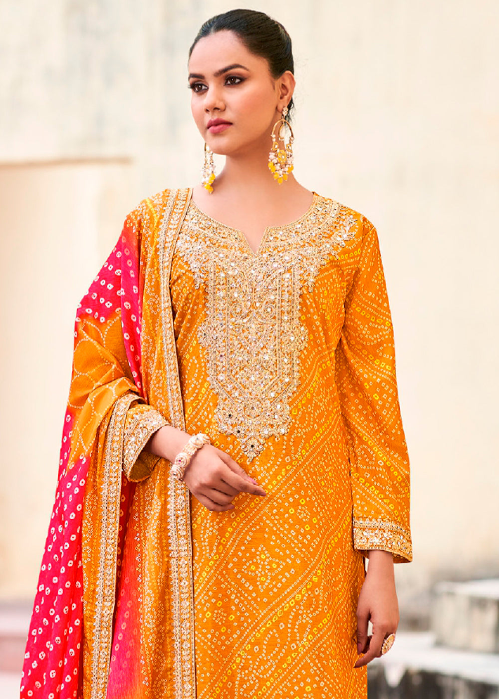 Mustard Yellow Chinon Silk Outfit Featuring Mirror and Full Embroidery