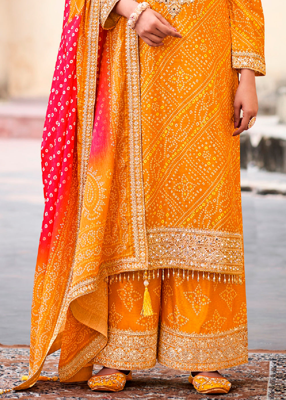 Mustard Yellow Chinon Silk Outfit Featuring Mirror and Full Embroidery