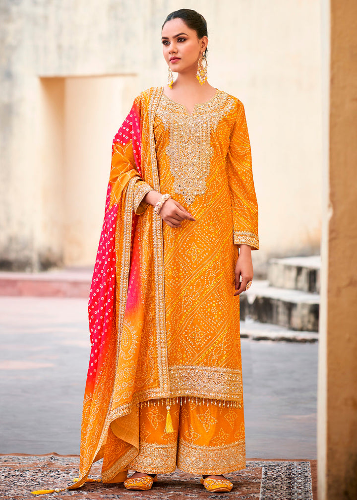 Mustard Yellow Chinon Silk Outfit Featuring Mirror and Full Embroidery