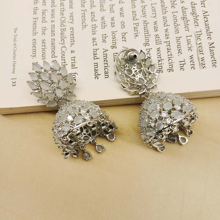 Jigna Light Grey Silver Plated American Diamond Jhumki