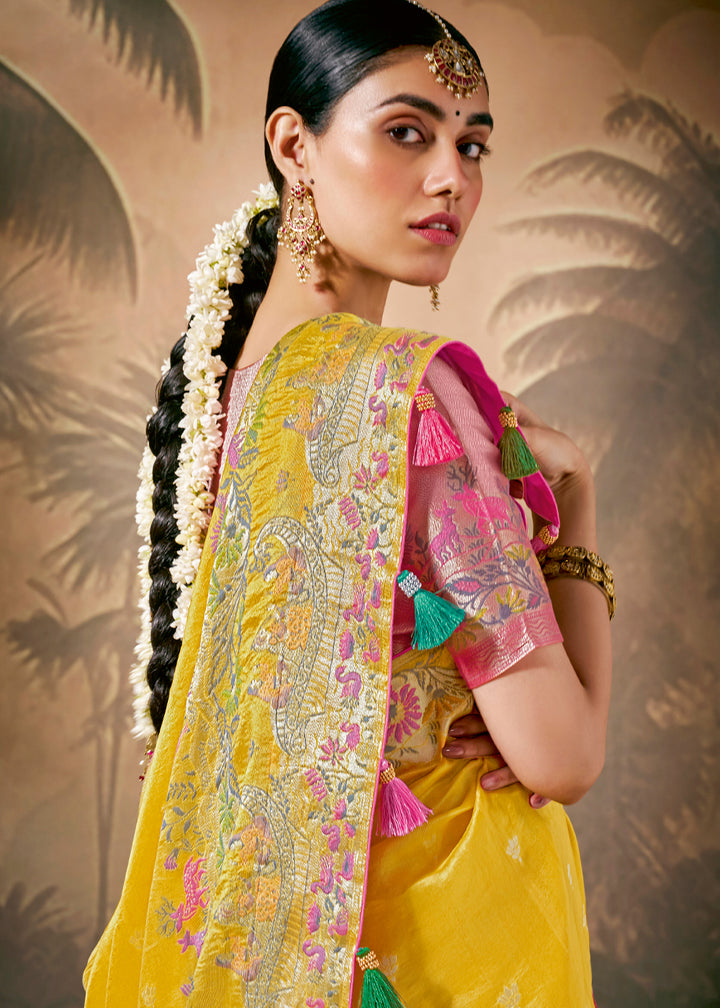 Saffron Yellow Munga Silk Saree with Zari & Floral Resham