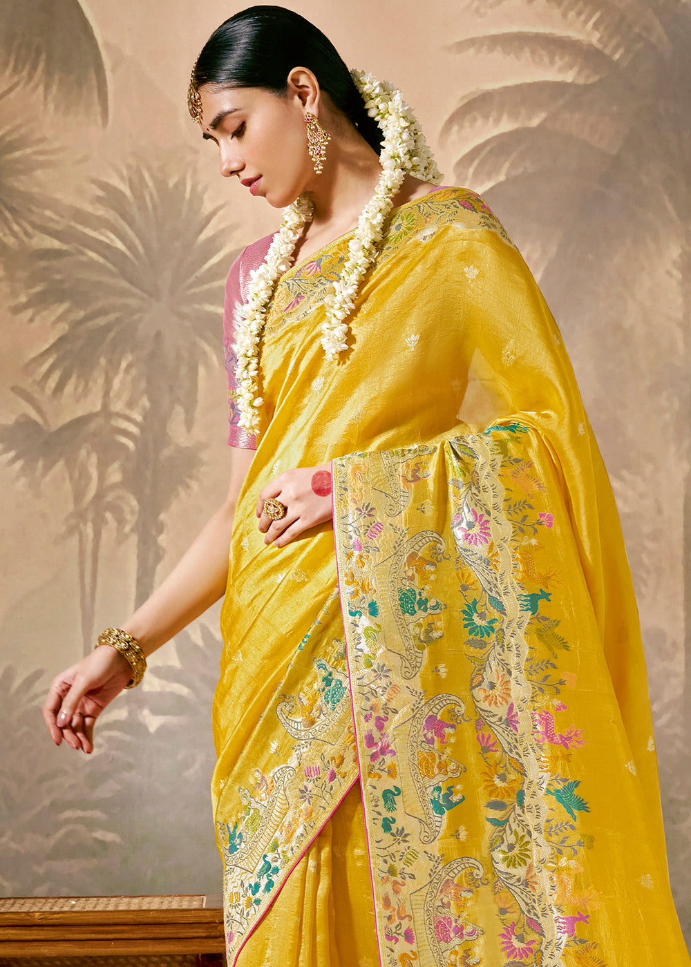 Saffron Yellow Munga Silk Saree with Zari & Floral Resham