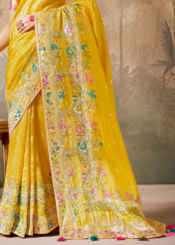 Saffron Yellow Munga Silk Saree with Zari & Floral Resham