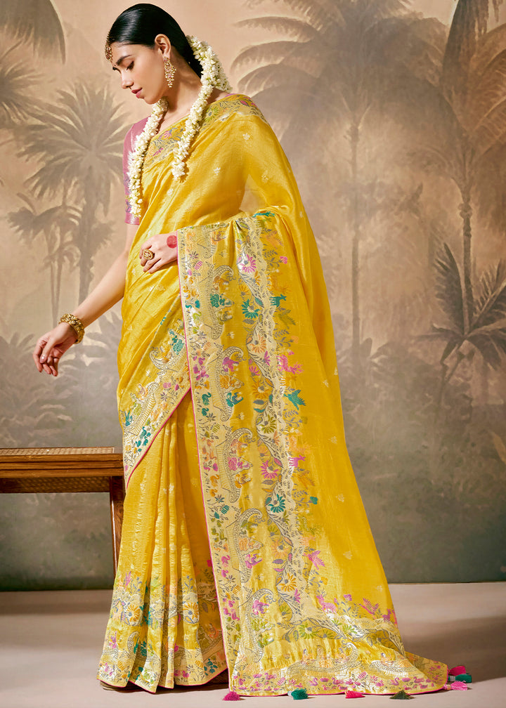 Saffron Yellow Munga Silk Saree with Zari & Floral Resham