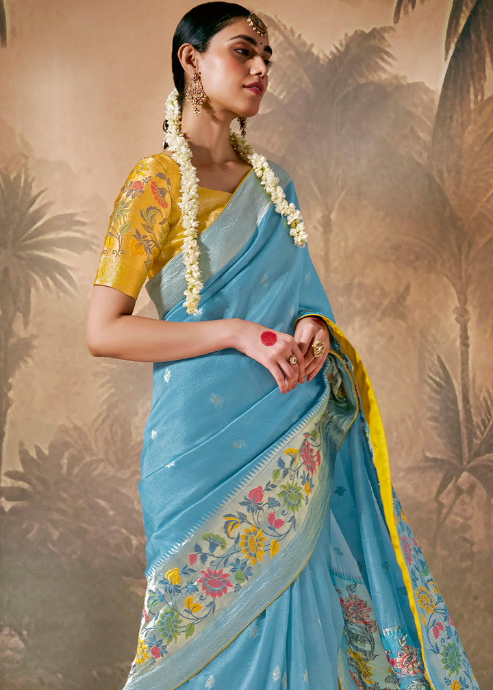 Blue Munga Silk Saree with Zari & Floral Resham Work