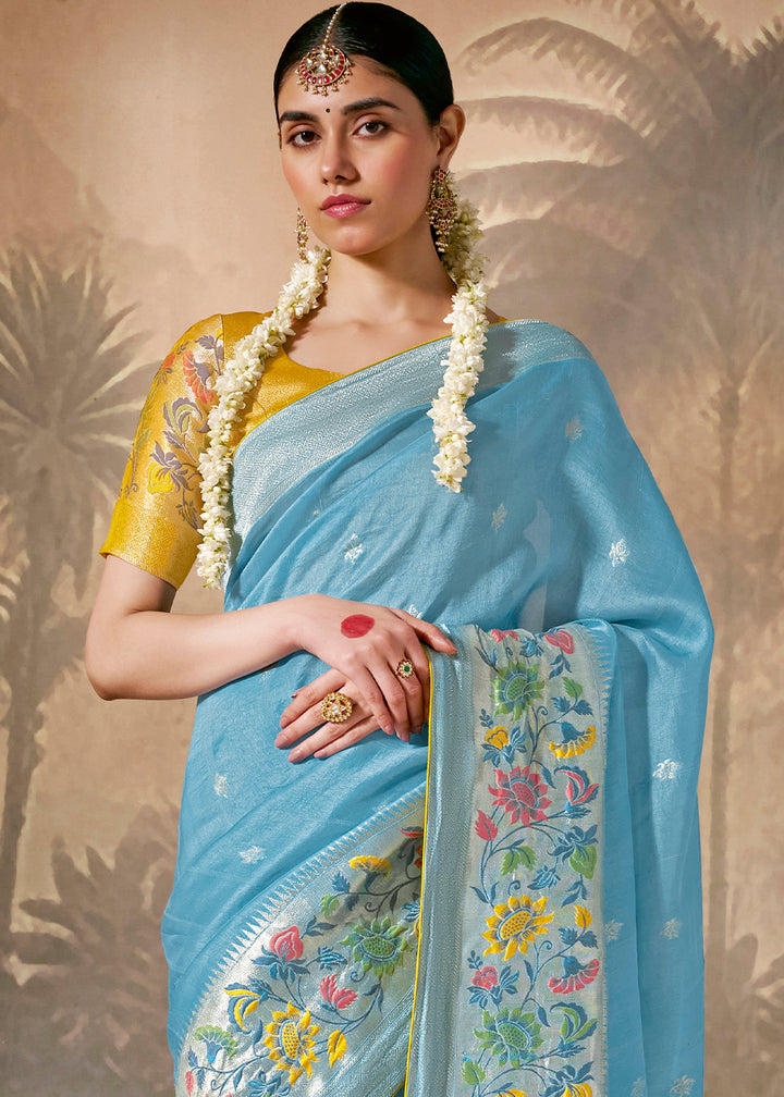 Blue Munga Silk Saree with Zari & Floral Resham Work