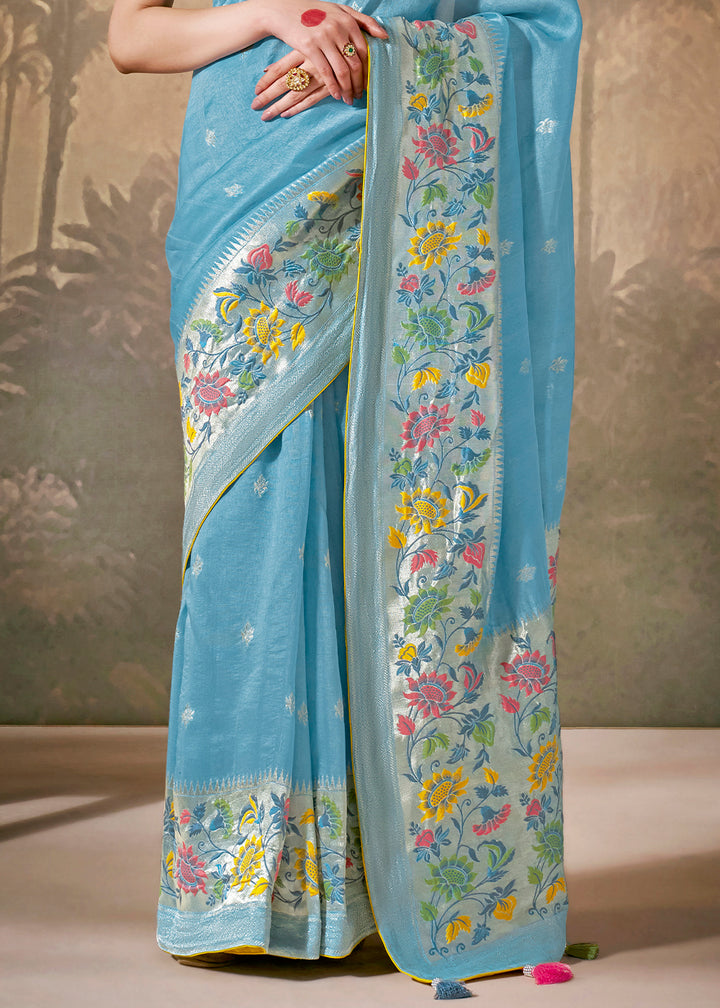 Blue Munga Silk Saree with Zari & Floral Resham Work