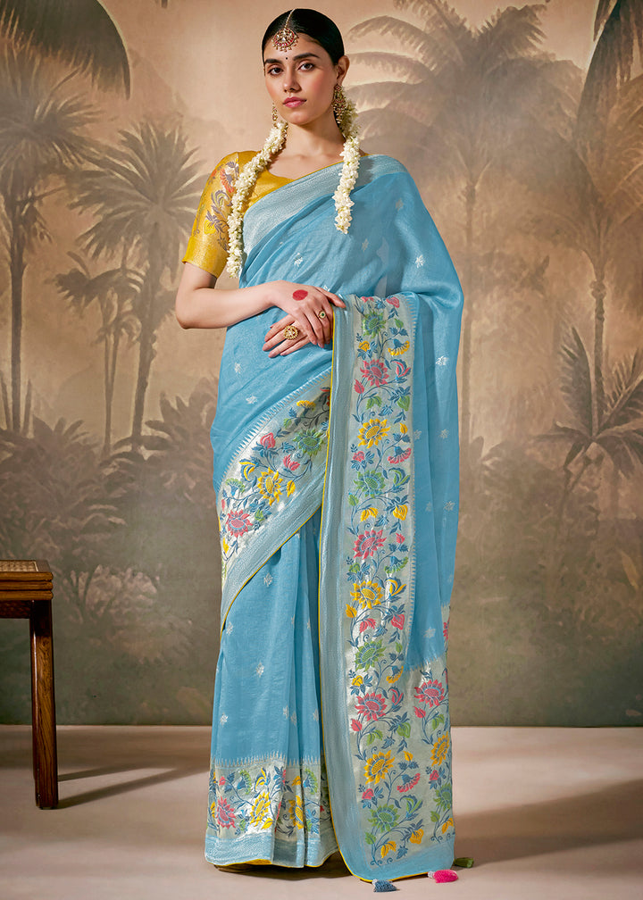 Blue Munga Silk Saree with Zari & Floral Resham Work