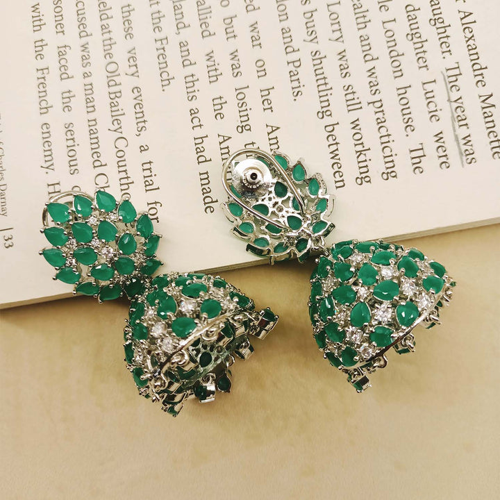 Jigyasa Green Emerald Silver Plated American Diamond Jhumki