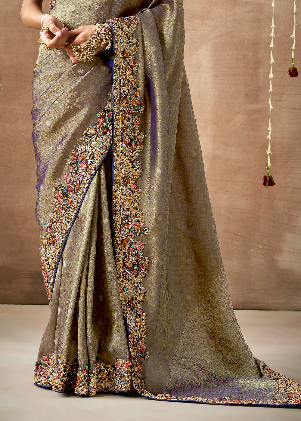 Grey & Purple Zari Tissue Silk Saree with Pearl & Thread Work