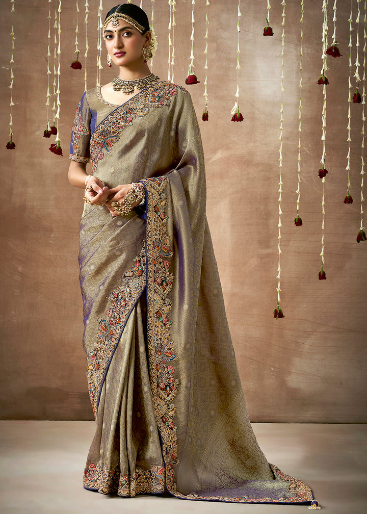 Grey & Purple Zari Tissue Silk Saree with Pearl & Thread Work