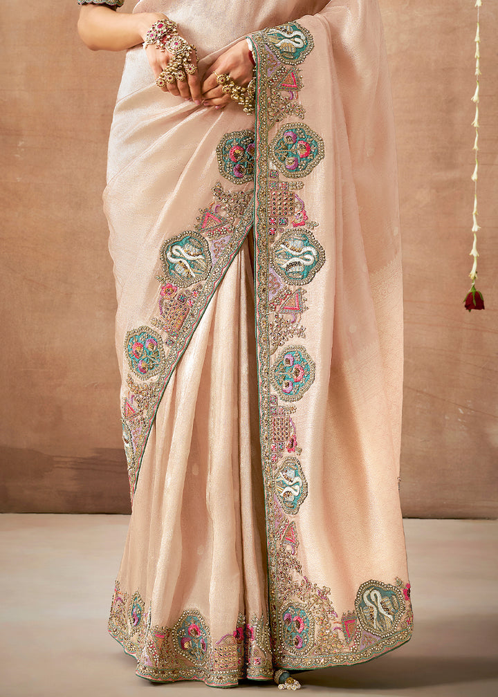 Light Peach Pink Zari Tissue Silk Saree with Embroidery