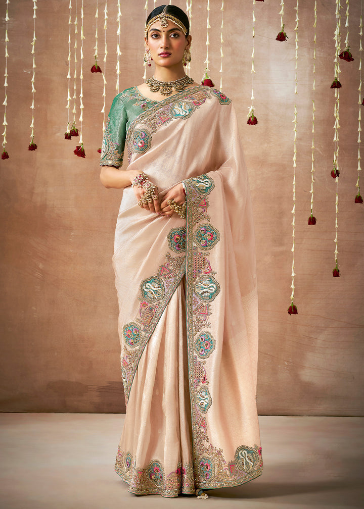 Light Peach Pink Zari Tissue Silk Saree with Embroidery