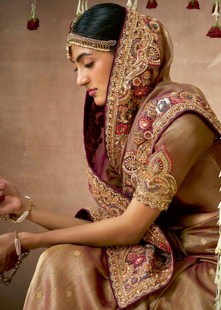 Exquisite Brown Zari Tissue Silk Saree with Sequins & Pearls