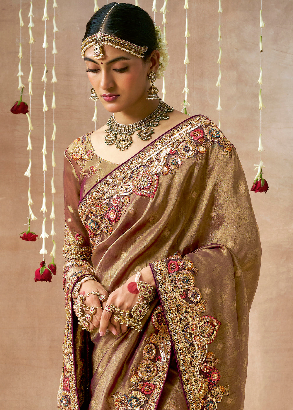 Exquisite Brown Zari Tissue Silk Saree with Sequins & Pearls