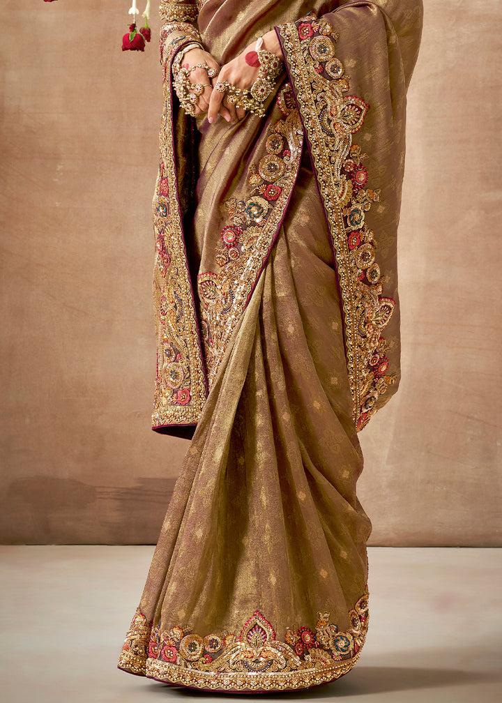 Exquisite Brown Zari Tissue Silk Saree with Sequins & Pearls