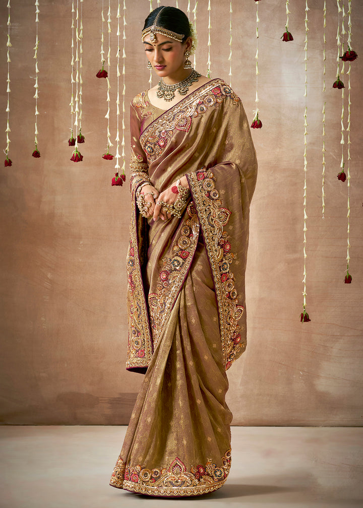 Exquisite Brown Zari Tissue Silk Saree with Sequins & Pearls