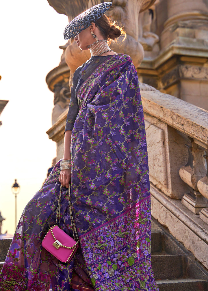 Electric Purple Handloom Organza Silk Saree with Intricate Parsi Weave