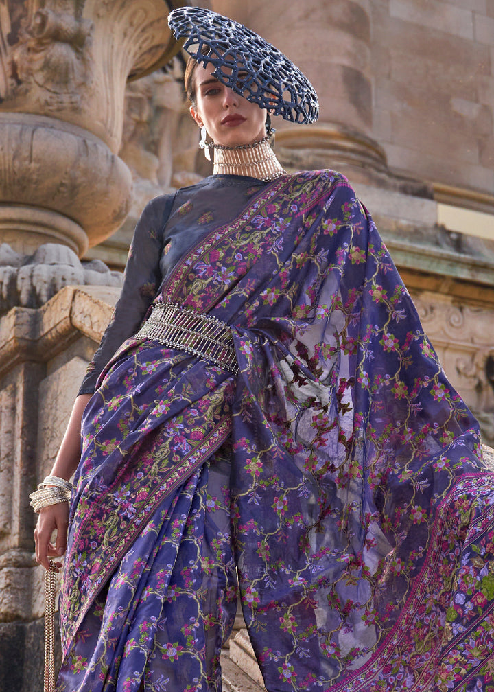 Electric Purple Handloom Organza Silk Saree with Intricate Parsi Weave