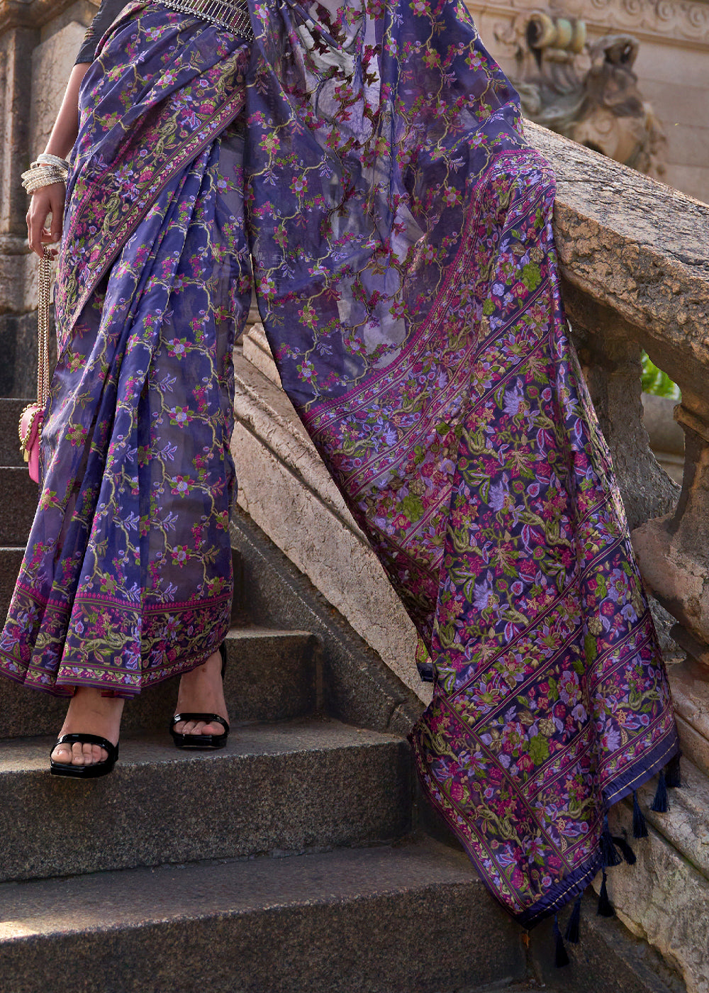 Electric Purple Handloom Organza Silk Saree with Intricate Parsi Weave