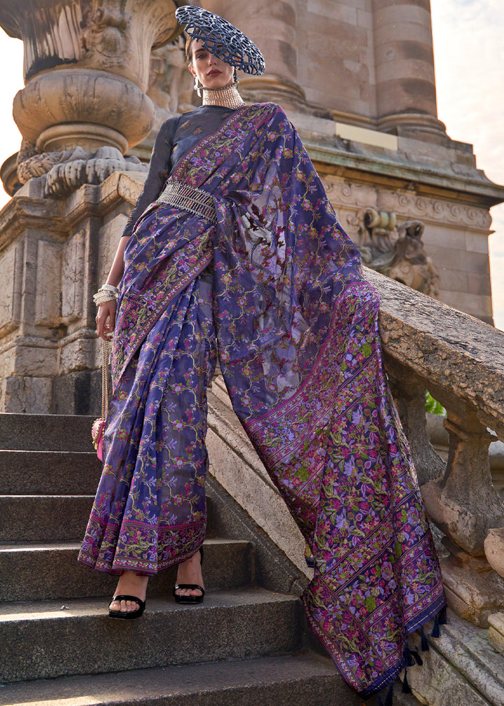 Electric Purple Handloom Organza Silk Saree with Intricate Parsi Weave