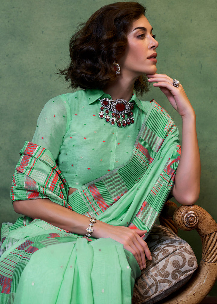 Cool Green Handwoven Cotton Silk Saree with Brocade Blouse