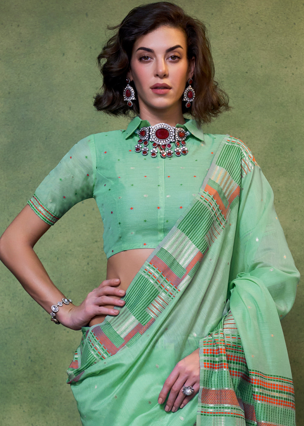 Cool Green Handwoven Cotton Silk Saree with Brocade Blouse